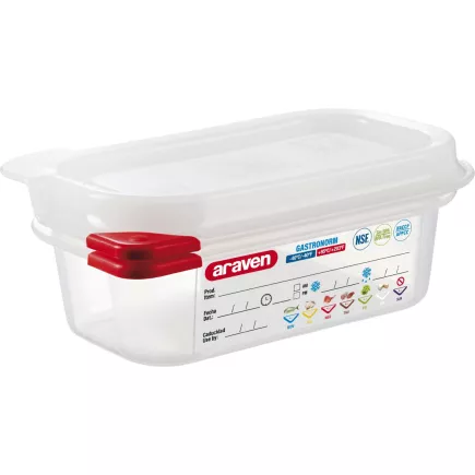 ARAVEN Gastronádoba s víkem GN 1/9, PP, hloubka: 65 mm, objem: 0,6 L, hermetická